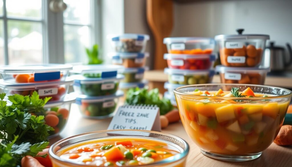 A serene kitchen scene showcasing tips for freezing soups, with a focus on ingredients and containers. In the foreground, a glass bowl filled with a vibrant vegetable soup, surrounded by fresh ingredients like carrots, peas, and herbs, all neatly arranged. The middle ground features a countertop displaying high-quality freezer-safe containers labeled for easy meal prep. A small notepad with handwritten freezing tips can be seen next to the containers. In the background, soft natural light pours through a window, illuminating the scene and creating a warm, inviting atmosphere. The overall mood conveys a sense of organization and homey comfort, ideal for showcasing kitchen efficiency and delicious meal planning.