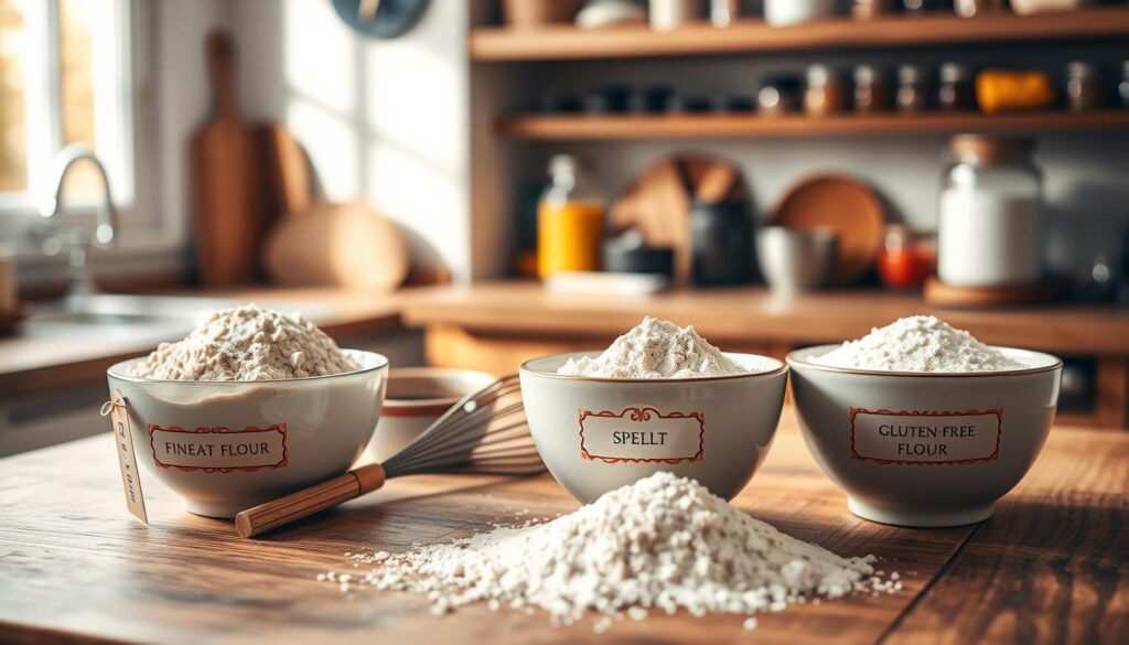 A serene kitchen setting with a wooden countertop adorned with three bowls of flour: fine wheat flour, spelt flour, and gluten-free flour. The foreground features a close-up of the bowls, each labeled with elegant tags. The middle ground includes a whisk and a small bowl of sauce, offering a hint of the culinary process. The background shows soft-focus kitchen shelves filled with spices and jars. Warm, natural lighting filters through a window, casting gentle shadows and creating a cozy atmosphere. The scene conveys a sense of culinary creativity and choice, emphasizing the essence of selecting the right flour for sauce-making. A serene kitchen setting with a wooden countertop adorned with three bowls of flour: fine wheat flour, spelt flour, and gluten-free flour. The foreground features a close-up of the bowls, each labeled with elegant tags. The middle ground includes a whisk and a small bowl of sauce, offering a hint of the culinary process. The background shows soft-focus kitchen shelves filled with spices and jars. Warm, natural lighting filters through a window, casting gentle shadows and creating a cozy atmosphere. The scene conveys a sense of culinary creativity and choice, emphasizing the essence of selecting the right flour for sauce-making.