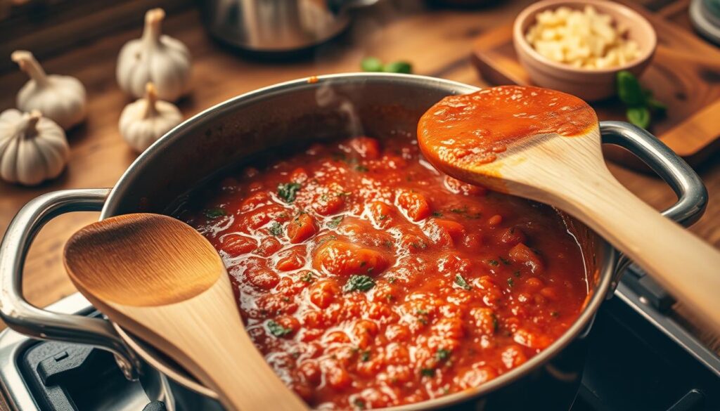 A simmering pot of rich, tomato-based sauce featuring herbs and spices, on a stovetop. In the foreground, a wooden spoon rests against the side of the pot, partially submerged in the glossy sauce, emphasizing the thickening process of reduction. The middle ground showcases the bubbling sauce, with concentrated flavors visibly clinging to the edges of the pot, steam rising gently in the warm kitchen environment. In the background, there are ingredients such as garlic cloves, a sprig of basil, and a small bowl of grated cheese on a rustic wooden countertop. Soft, warm lighting illuminates the scene, creating a cozy and inviting atmosphere, with a slight tilt-down angle for added depth. The overall mood conveys the comforting and satisfying act of cooking.