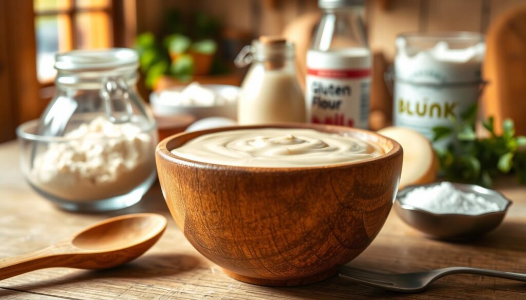 A smooth and creamy gluten-free béchamel sauce in a rustic wooden bowl, showcasing its rich, velvety texture. In the foreground, a wooden spoon rests beside the bowl, hinting at the preparation process. The middle ground features a variety of fresh ingredients, such as gluten-free flour, milk, and a sprinkle of nutmeg, elegantly arranged around the bowl. The background is softly blurred, depicting a cozy kitchen setting with warm light streaming in from a window, casting gentle shadows. The atmosphere is inviting and homey, evoking the comfort of homemade cooking. The scene captures the essence of preparing a delicious gluten-free béchamel sauce, emphasizing its creamy consistency and allure without any distracting elements.