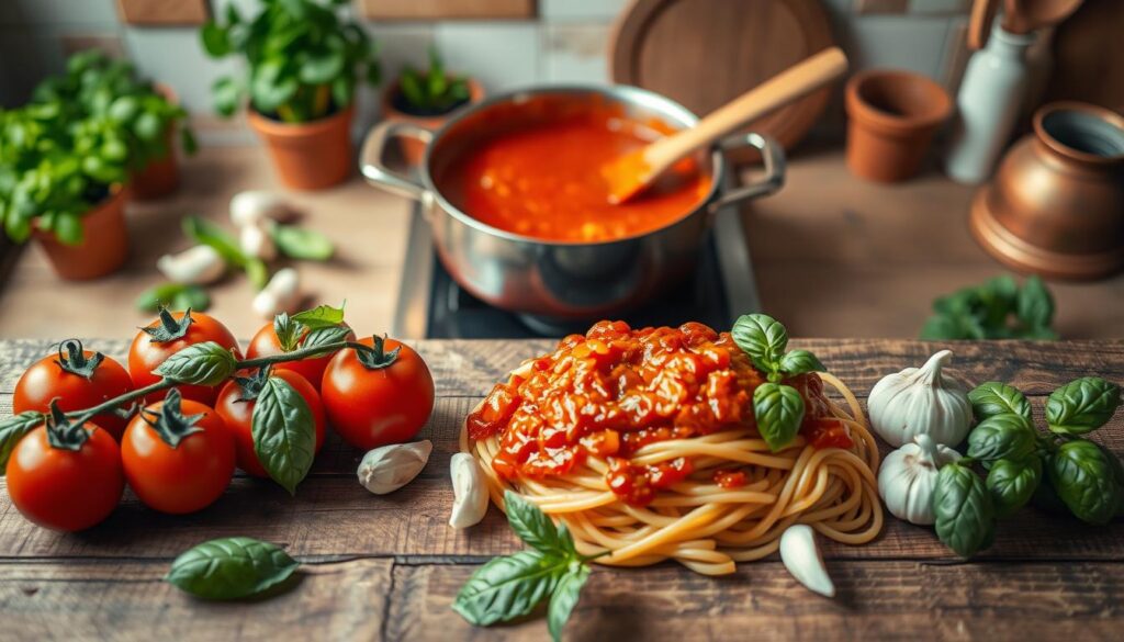 A step-by-step visual guide to homemade tomato sauce for pasta with chicken. In the foreground, a rustic wooden table showcases vibrant ingredients: ripe tomatoes, fresh basil leaves, and cloves of garlic, all artistically arranged. In the middle ground, a saucepan bubbles gently on a stove, with the rich, red sauce simmering, and a wooden spoon stirring. In the background, herbs are displayed in terracotta pots, and a soft, warm kitchen light illuminates the scene, creating a cozy, inviting atmosphere. The angle captures a top-down view, emphasizing the preparation process and the allure of cooking. The mood is warm and homey, promoting the joy of preparing a delicious meal. No text or captions will be included.