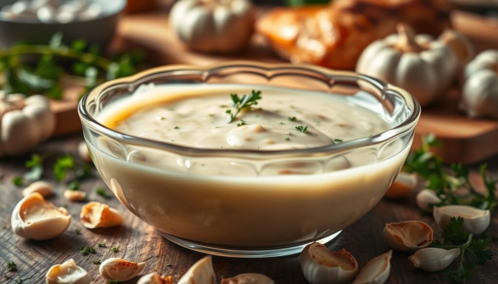 A sumptuous garlic sauce displayed in an elegant glass bowl, with a smooth, creamy texture that glistens under soft, warm lighting. The bowl is positioned prominently in the foreground, surrounded by scattered garlic cloves and fresh herbs like parsley, creating a rustic kitchen atmosphere. In the middle ground, a cooked chicken breast drizzled with the garlic sauce showcases its rich flavor, while the background features a wooden cutting board and a hint of a cozy kitchen setting, with blurred soft-focus herbs and spices. The scene is inviting and appetizing, evoking a sense of comfort and home-cooked meals. The overall mood is warm and inviting, perfect for culinary exploration.