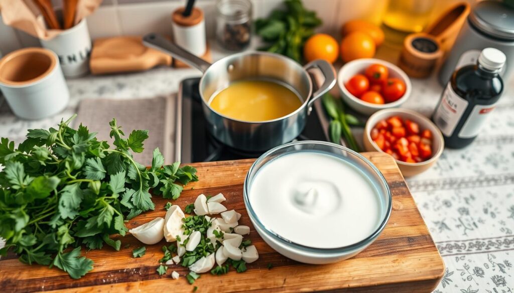 A top-down view of a kitchen counter, featuring a variety of ingredients and tools for preparing simple rice sauces. In the foreground, a wooden cutting board filled with fresh herbs like parsley and basil, chopped garlic, and a bowl of creamy sauce made with yogurt and lemon. In the middle ground, a small saucepan on a stove with a gentle simmer, steam rising. Surrounding the saucepan, colorful ingredients such as diced tomatoes, capers, and olive oil. The background shows a cozy kitchen with warm, inviting lighting, emphasizing a home-cooked atmosphere. The scene captures the essence of cooking, with a clean and organized layout, perfect for illustrating the concept of simple sauce preparation for rice.