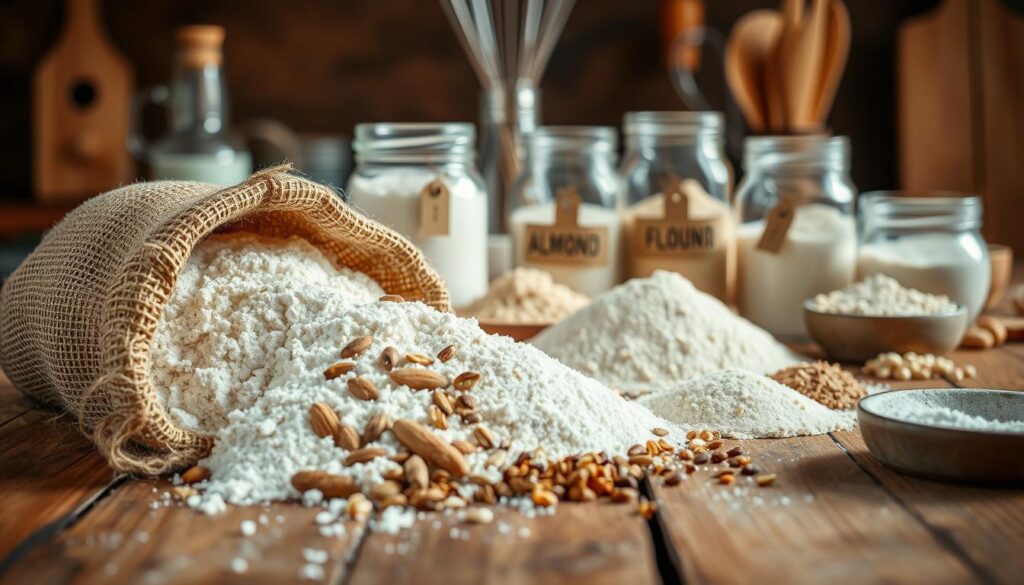 A variety of gluten-free flours arranged artistically on a rustic wooden table. In the foreground, a burlap sack spills out multiple types of gluten-free flours, such as almond flour, coconut flour, and rice flour, with a few scattered grains and seeds around them. The middle ground features glass jars containing the flours, labeled with elegant tags. In the background, softly blurred kitchen utensils, like a whisk and measuring cups, hint at a cooking setting. Natural, warm lighting illuminates the scene, creating a cozy, inviting atmosphere reminiscent of a home kitchen. The composition should evoke a sense of warmth and health, focusing on the diversity and use of gluten-free flours. A variety of gluten-free flours arranged artistically on a rustic wooden table. In the foreground, a burlap sack spills out multiple types of gluten-free flours, such as almond flour, coconut flour, and rice flour, with a few scattered grains and seeds around them. The middle ground features glass jars containing the flours, labeled with elegant tags. In the background, softly blurred kitchen utensils, like a whisk and measuring cups, hint at a cooking setting. Natural, warm lighting illuminates the scene, creating a cozy, inviting atmosphere reminiscent of a home kitchen. The composition should evoke a sense of warmth and health, focusing on the diversity and use of gluten-free flours.