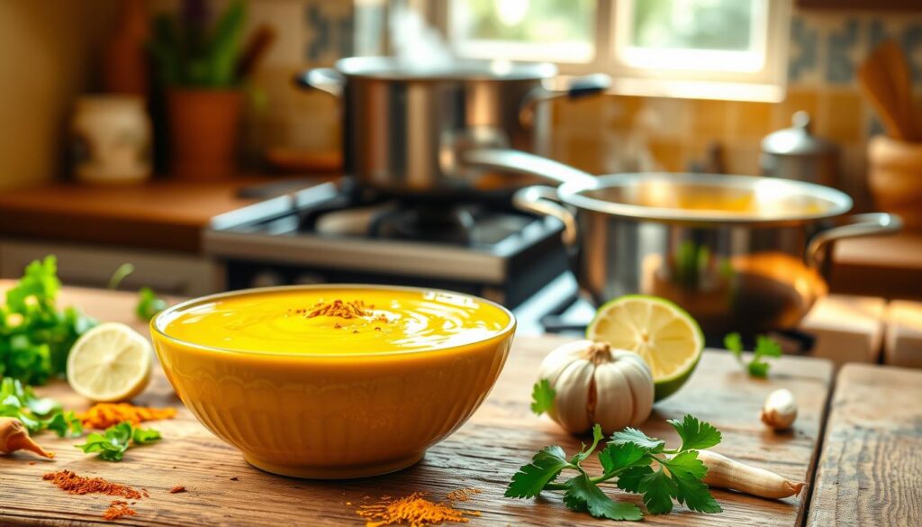 A vibrant and appetizing bowl of curry sauce without cream, showcasing the rich yellow-orange color typical of curry. The sauce is thick and glistening, with visible spices and herbs like turmeric and coriander sprinkled on top. In the foreground, place the bowl on a rustic wooden table surrounded by fresh ingredients such as cilantro, garlic, and a slice of lime for added color. In the middle ground, include a pot simmering gently on a stove with steam rising, emphasizing the cooking process. Set this scene in a warmly lit kitchen, with sunlight filtering through a nearby window, casting soft shadows. The atmosphere is inviting and homey, perfect for illustrating a variant of curry sauce.