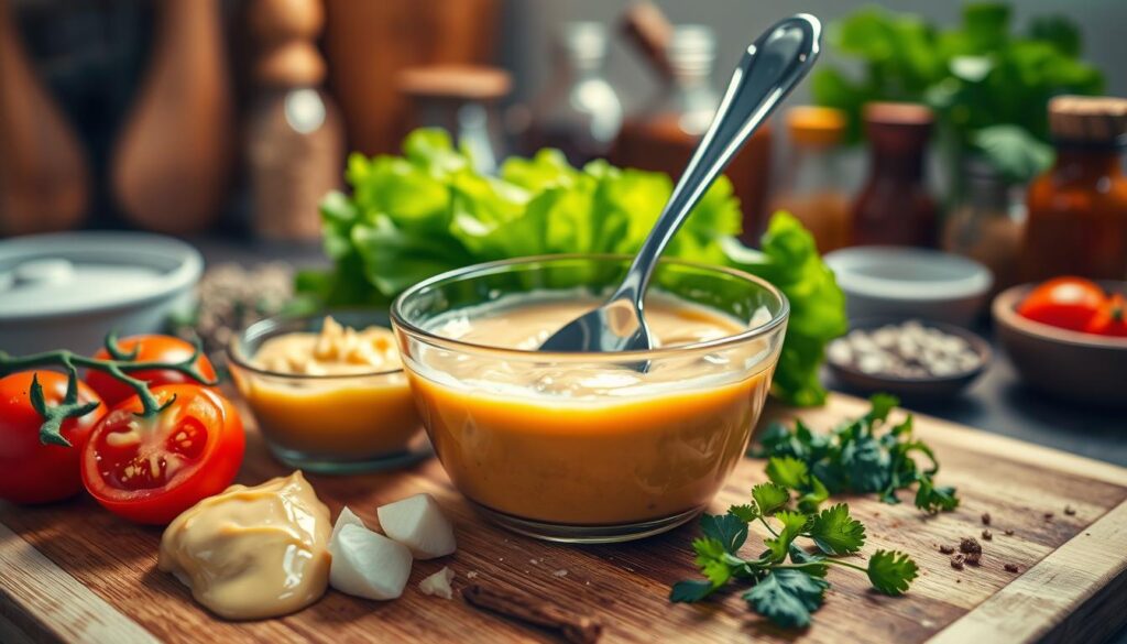 A vibrant and appetizing close-up of a homemade burger sauce preparation. In the foreground, a wooden cutting board displays an array of fresh ingredients: ripe tomatoes, crisp lettuce, a bowl of mayonnaise, mustard, minced garlic, and a sprinkle of herbs. The middle of the composition features a mixing bowl filled with a creamy, tangy sauce, with a spoon resting inside, glistening under warm kitchen lighting. In the background, softly blurred kitchen utensils and spices create a cozy domestic atmosphere, hinting at a home-cooked meal. The overall mood is inviting and flavorful, celebrating the art of crafting the perfect burger sauce. Use a shallow depth of field to emphasize the sauce and toppings, creating an intimate and engaging culinary scene.