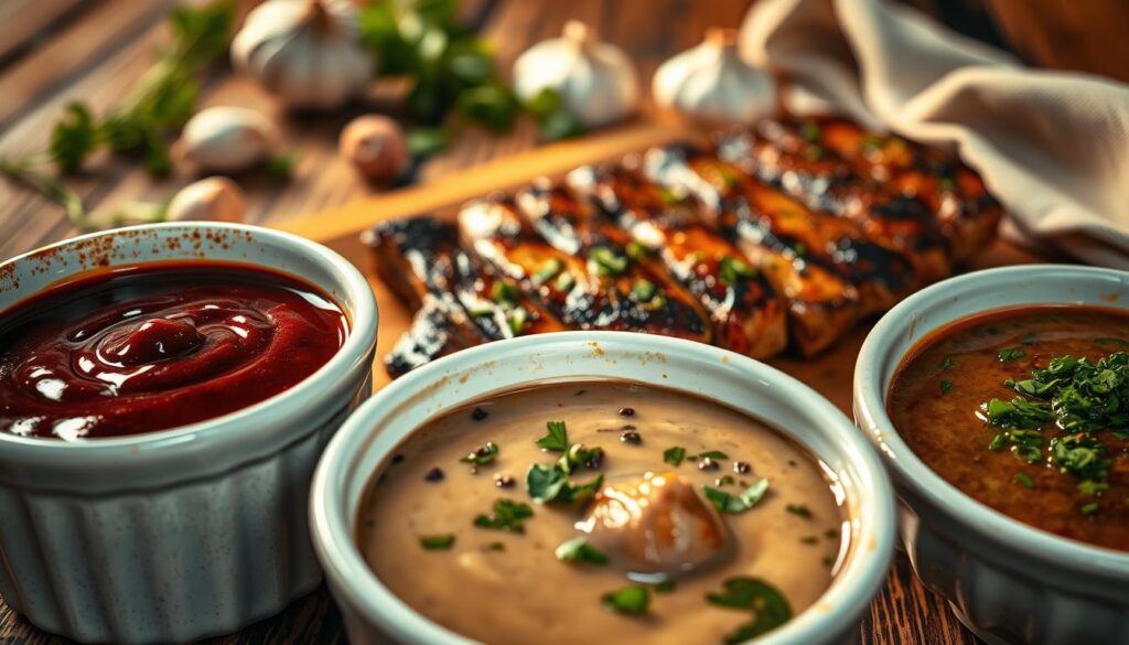 A vibrant and appetizing close-up of various meat sauces elegantly presented on a rustic wooden table. In the foreground, a rich, glossy red wine sauce, a creamy mushroom sauce, and a zesty chimichurri sauce are displayed in artisanal bowls, artistically drizzled with herbs and spices. In the middle ground, succulent pieces of grilled meat peek through, glistening under warm golden lighting, enhancing the textures. The background features soft-focus elements of fresh herbs, garlic cloves, and a simple but elegant linen napkin, creating a home-cooked ambiance. The overall atmosphere is warm and inviting, evoking a sense of comfort and gourmet dining. The image is captured from a slightly overhead angle, using a shallow depth of field to highlight the sauces and meat, providing a mouthwatering visual appeal.