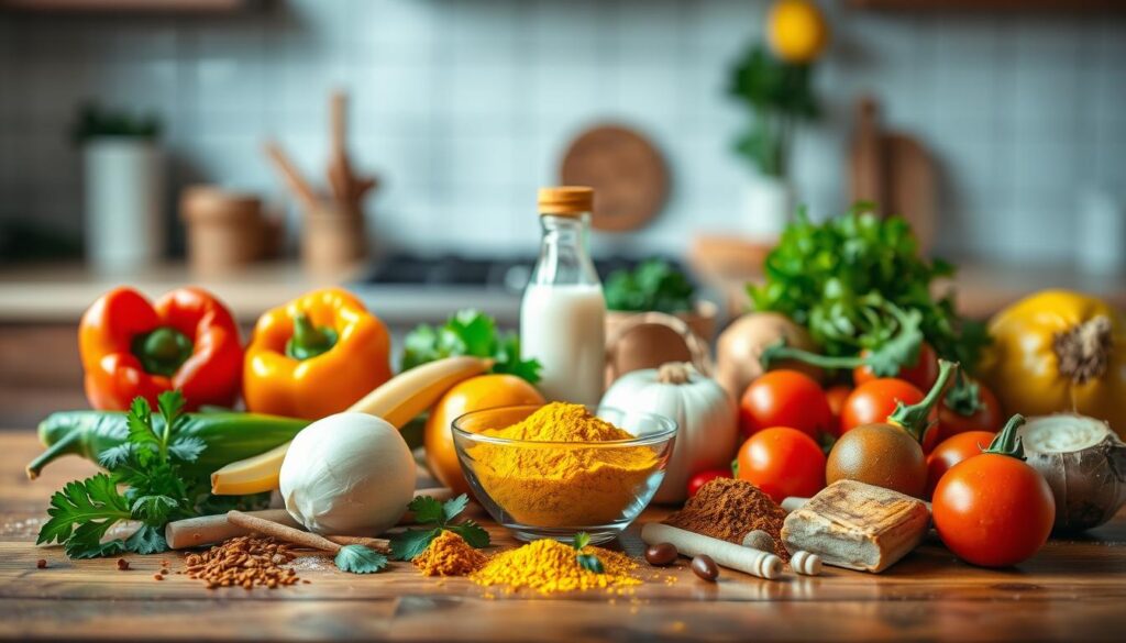 A vibrant and appetizing display of chicken curry ingredients arranged artistically on a wooden kitchen table. In the foreground, fresh vegetables like bell peppers, onions, and tomatoes, along with spices such as turmeric, cumin, and coriander, are beautifully laid out. The middle ground features a bowl of bright yellow curry powder and a bottle of coconut milk, adding a creamy element. In the background, a softly blurred kitchen setting with herbs like cilantro and a hint of lemon for garnish creates an inviting atmosphere. Soft, warm lighting illuminates the ingredients, enhancing their colors and textures. The scene conveys a sense of homeliness and culinary excitement, perfect for inspiring readers about the delicious possibilities of chicken curry. A vibrant and appetizing display of chicken curry ingredients arranged artistically on a wooden kitchen table. In the foreground, fresh vegetables like bell peppers, onions, and tomatoes, along with spices such as turmeric, cumin, and coriander, are beautifully laid out. The middle ground features a bowl of bright yellow curry powder and a bottle of coconut milk, adding a creamy element. In the background, a softly blurred kitchen setting with herbs like cilantro and a hint of lemon for garnish creates an inviting atmosphere. Soft, warm lighting illuminates the ingredients, enhancing their colors and textures. The scene conveys a sense of homeliness and culinary excitement, perfect for inspiring readers about the delicious possibilities of chicken curry.