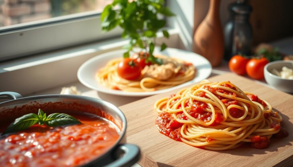 A vibrant and appetizing image of a quick spaghetti sauce made from tomato paste. In the foreground, a pot of simmering rich red sauce bubbles, surrounded by fresh basil leaves and diced garlic on a wooden cutting board. In the middle, a serving of al dente spaghetti twirls elegantly on a white plate, glistening with a drizzle of olive oil. Soft natural light filters in from a nearby window, casting gentle shadows that enhance the freshness of the ingredients. In the background, rustic kitchen elements like a wooden spoon, fresh tomatoes, and a small bowl of Parmesan cheese subtly complement the scene. The atmosphere is warm and inviting, suggesting a home-cooked meal filled with flavor.