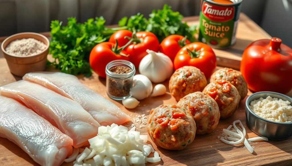A vibrant and appetizing kitchen scene showcasing the ingredients for fish meatballs in tomato sauce. In the foreground, arrange fresh fish fillets, finely chopped onions, and a bowl of breadcrumbs. Include a small jar of spices like salt, pepper, and herbs. In the middle, place ripe tomatoes, garlic cloves, and a can of tomato puree, all in bright, contrasting colors. The background features a rustic wooden table, some fresh parsley, and a cutting board, with natural sunlight illuminating the setup from the side, creating a warm, inviting atmosphere. Capture this scene with a slight overhead angle to emphasize the freshness of the ingredients, evoking a sense of homely cooking and preparation. A vibrant and appetizing kitchen scene showcasing the ingredients for fish meatballs in tomato sauce. In the foreground, arrange fresh fish fillets, finely chopped onions, and a bowl of breadcrumbs. Include a small jar of spices like salt, pepper, and herbs. In the middle, place ripe tomatoes, garlic cloves, and a can of tomato puree, all in bright, contrasting colors. The background features a rustic wooden table, some fresh parsley, and a cutting board, with natural sunlight illuminating the setup from the side, creating a warm, inviting atmosphere. Capture this scene with a slight overhead angle to emphasize the freshness of the ingredients, evoking a sense of homely cooking and preparation.