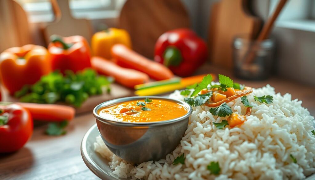 A vibrant and appetizing scene showcasing a quick vegetable or curry sauce for rice. In the foreground, a small bowl filled with a creamy, bright orange sauce sits next to a plate of fluffy white rice, adorned with fresh chopped herbs like cilantro and parsley. In the middle ground, colorful vegetables such as bell peppers, carrots, and peas are artistically scattered around, adding warmth and texture. The background features a softly blurred kitchen setting, with wooden cutting boards and utensils, illuminated by natural sunlight that pours in from a nearby window, creating an inviting and homey atmosphere. The image captures the essence of simplicity and flavor, inviting viewers to enjoy a quick meal solution.