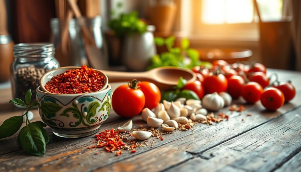 A vibrant and aromatic display of the best spices for tomato sauce, neatly arranged on a rustic wooden table. In the foreground, a decorative bowl filled with crushed red pepper flakes and a small jar of dried oregano with a sprig of fresh basil next to it. In the middle, a wooden spoon rests beside a scattering of garlic cloves and a few halved cherry tomatoes, showcasing freshness. The background features softly blurred kitchen utensils and a window letting in warm, soft sunlight, creating a cozy atmosphere. The image captures the essence of cooking Italian cuisine, inviting and rich in colors, textures, and natural lighting, emphasizing the heartwarming aspect of homemade pizza sauce preparation. A vibrant and aromatic display of the best spices for tomato sauce, neatly arranged on a rustic wooden table. In the foreground, a decorative bowl filled with crushed red pepper flakes and a small jar of dried oregano with a sprig of fresh basil next to it. In the middle, a wooden spoon rests beside a scattering of garlic cloves and a few halved cherry tomatoes, showcasing freshness. The background features softly blurred kitchen utensils and a window letting in warm, soft sunlight, creating a cozy atmosphere. The image captures the essence of cooking Italian cuisine, inviting and rich in colors, textures, and natural lighting, emphasizing the heartwarming aspect of homemade pizza sauce preparation.