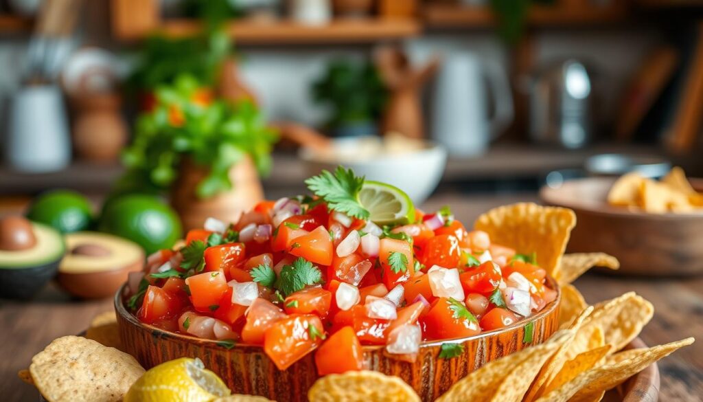 A vibrant and colorful bowl of classic salsa, nestled in a rustic wooden table setting. In the foreground, the salsa is overflowing with diced tomatoes, fresh cilantro, red onions, small jalapeño pieces, and a squeeze of lime, all glistening under warm, natural lighting. A few tortilla chips are artistically placed around the bowl, hinting at a casual gathering. In the middle ground, there are blurred, subtle details of a festive kitchen atmosphere, perhaps with some additional ingredients like avocados and limes partially visible. The background features a softly lit kitchen, with delightful kitchenware and herbs, enhancing the inviting ambiance. The overall mood conveys warmth and celebration, perfect for a party or gathering setting.