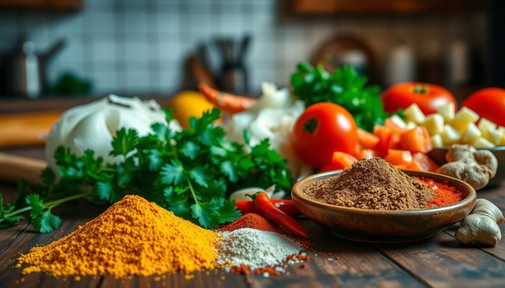 A vibrant and detailed arrangement of various curry sauce ingredients, showcasing fresh vegetables and spices on a rustic wooden kitchen table. In the foreground, a bowl of golden turmeric powder, vibrant red chili flakes, and ground coriander, alongside sprigs of cilantro and slices of fresh ginger. The middle layer contains chopped onions, garlic, and diced tomatoes, all glistening with freshness. In the background, the warm glow of a softly lit kitchen creates a cozy atmosphere, emphasizing the earthy tones of the ingredients. The lighting is warm and inviting, captured with a slightly blurred depth of field to focus on the vibrant colors and textures of the ingredients—evoking a sense of warmth and culinary creativity, perfect for understanding the components of curry sauce.