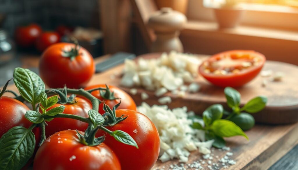 A vibrant and detailed composition showcasing the essential ingredients for a traditional Italian pizza sauce. In the foreground, fresh San Marzano tomatoes, glistening with hydration, are accompanied by a light drizzle of extra virgin olive oil and a sprinkle of sea salt. A few fresh basil leaves are scattered around, adding a burst of green. The middle section features a rustic wooden cutting board with finely chopped garlic and onions, exuding an inviting aroma. In the background, a soft-focus kitchen setting with warm, natural light filtering through a window creates a cozy atmosphere. The composition should feel balanced and appetizing, inviting the viewer to explore the flavors of authentic pizza sauce.