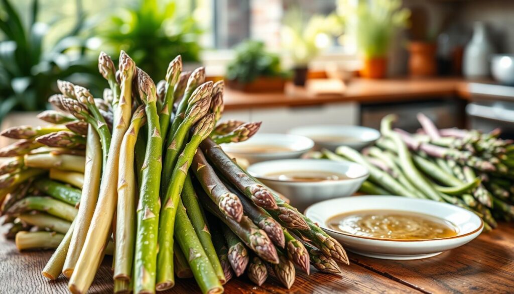 A vibrant and detailed display of different varieties of asparagus, showcasing white, green, and purple stalks arranged artfully on a rustic wooden table. In the foreground, the fresh asparagus spears glisten with dew, highlighting their vivid colors and textures. The middle section includes a few elegant ceramic plates styled with a light, complementary sauce, emphasizing the culinary aspect. The background features softly blurred greenery and a sun-drenched kitchen setting, creating a warm and inviting atmosphere. The lighting is bright and natural, mimicking soft daylight to bring out the freshness of the ingredients. Capture the essence of a gourmet experience with an emphasis on springtime freshness and a touch of sophistication.