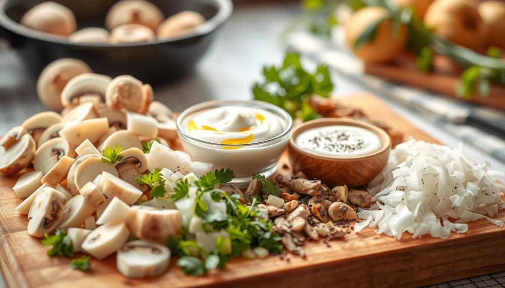 A vibrant and enticing display of fresh ingredients for mushroom sauce, ideal for potato pancakes. In the foreground, a wooden cutting board showcases sliced button mushrooms, finely chopped onions, minced garlic, and sprigs of fresh parsley. The middle layer features a small bowl of creamy sour cream, drizzled with a hint of olive oil, alongside a sprinkle of black pepper. In the background, softly blurred, are rustic kitchen elements such as a cast-iron skillet and a fresh bunch of potatoes. Warm, natural lighting floods the scene, creating a cozy and inviting atmosphere, emphasizing the rich textures and colors of the ingredients. The image captures the essence of preparing a delicious, creamy mushroom sauce, evoking a sense of comfort and culinary inspiration.
