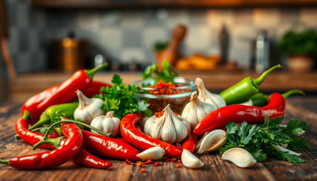 A vibrant and enticing display of ingredients for a spicy kebab sauce, arranged artistically on a rustic wooden table. In the foreground, vividly colored chili peppers (red and green), along with cloves of garlic and fresh herbs such as cilantro and parsley, create an inviting focal point. In the middle, a small bowl filled with red chili flakes and olive oil complements the fresh ingredients. The background features a softly blurred kitchen setting with warm, ambient lighting illuminating the ingredients, evoking a cozy and inviting atmosphere. The arrangement should highlight texture and color, with a shallow depth of field to draw the viewer's attention to the sauce components, creating a sense of culinary delight ready for preparation.