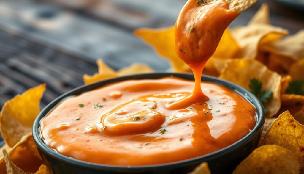 A vibrant and enticing image of a bowl filled with spicy nacho cheese sauce, featuring a rich orange color with visible flecks of green herbs and spices. The bowl is surrounded by a generous pile of crispy tortilla chips, some partially dipped into the sauce, with a few drips of the sauce creating a deliciously messy look. In the background, a rustic wooden table adds warmth, while soft, natural lighting highlights the glossy texture of the sauce. The scene conveys a cozy, inviting atmosphere, perfect for a gathering. The focus should be sharp on the sauce and chips, creating a mouthwatering close-up composition that draws attention.