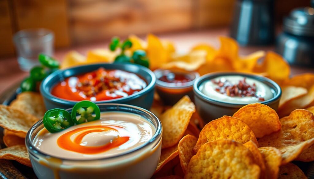 A vibrant and enticing scene featuring a beautifully arranged platter of spicy dips for chips. In the foreground, a small bowl of creamy sriracha mayo with a glossy finish, surrounded by sliced jalapeños and a vibrant dish of harissa with hints of red and green spices. The middle ground showcases a variety of crispy, golden chips in different shapes, adding texture to the composition. The background is softly blurred, hinting at a rustic kitchen setting with warm wooden tones and soft, ambient lighting that enhances the richness of the dips. The atmosphere is inviting and lively, evoking a sense of excitement for flavorful snacking. Captured with a slightly overhead angle to emphasize the colors and textures of the dips and chips, creating an appetizing focal point.