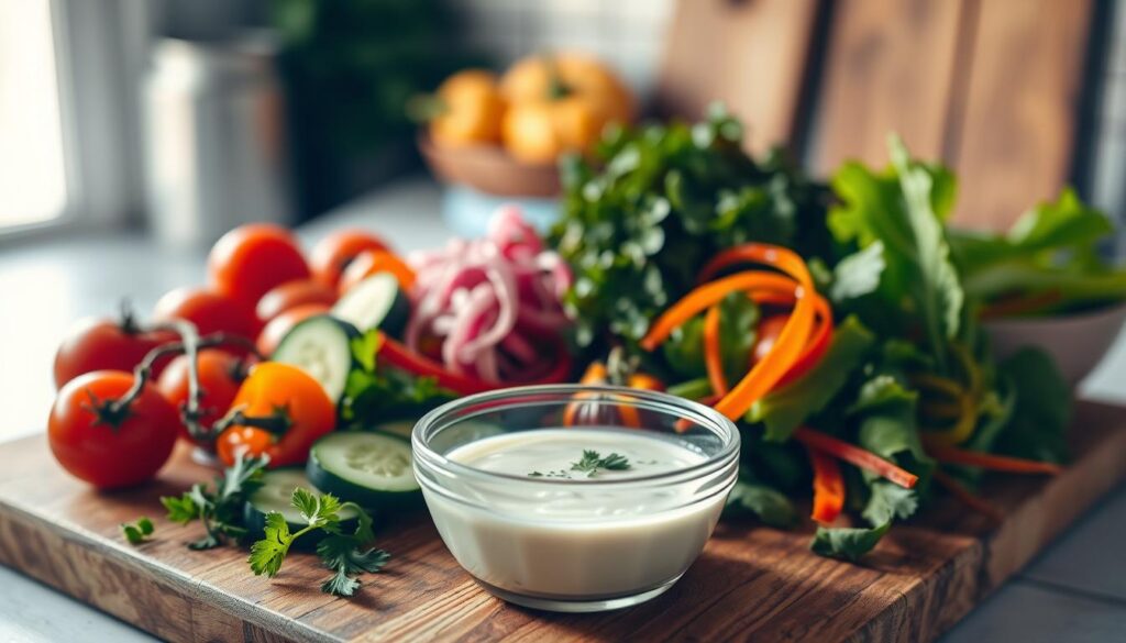 A vibrant and fresh arrangement of salad dressing ingredients beautifully displayed on a wooden cutting board. In the foreground, there's a small glass bowl filled with creamy dressing, garnished with fresh herbs. Surrounding it are various ingredients: ripe cherry tomatoes, crisp cucumber slices, colorful bell pepper strips, and a handful of mixed greens, all artfully arranged. In the background, a rustic kitchen setting with soft, natural lighting casts gentle shadows, creating an inviting atmosphere. The lens focuses closely on the textures and colors of the ingredients, capturing the essence of freshness and culinary creativity. The overall mood is lively and appetizing, perfect for showcasing key components of salad dressings.