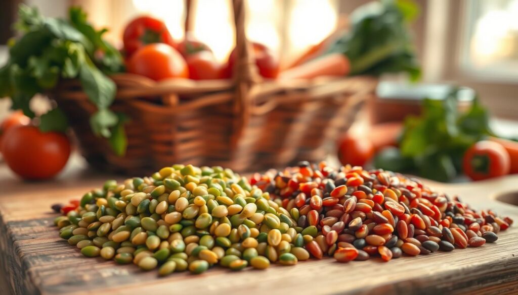 A vibrant and informative scene showcasing the health benefits of lentils. In the foreground, a variety of cooked lentils—red, green, and black—artistically arranged on a wooden cutting board, each type distinctly visible. The middle ground features a rustic basket filled with fresh vegetables like tomatoes, spinach, and carrots, highlighting the nutritional context. In the background, warm natural light filters through a window, casting soft shadows and creating an inviting, homey atmosphere. The composition emphasizes a sense of well-being and health, with a focus on the colorful lentils and surrounding ingredients, suggesting a wholesome meal preparation. Use a shallow depth of field to draw attention to the foreground elements while keeping the background slightly blurred.
