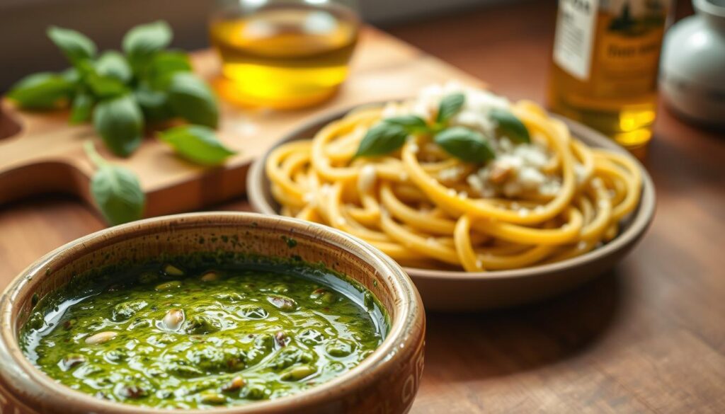 A vibrant and inviting Italian pesto sauce, freshly made, placed in a rustic ceramic bowl. The pesto, rich green with flecks of basil leaves, pine nuts, and garlic, sits in the foreground, glistening with a drizzle of olive oil. In the middle, a plate of al dente pasta is elegantly twisted and garnished with grated Parmesan cheese and fresh basil leaves. In the background, softly blurred, there's a wooden cutting board with additional ingredients like fresh basil and a bottle of olive oil. The scene is illuminated with warm, natural light, creating an inviting, cozy atmosphere, as if inviting the viewer to enjoy a delicious Italian meal.
