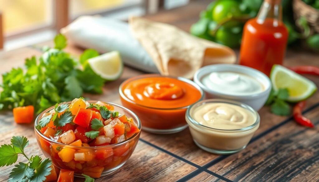 A vibrant and inviting composition featuring three distinct burrito sauces: a rich tomato salsa with colorful diced tomatoes, onions, and cilantro in the foreground, a smooth and creamy crema drizzled in the middle, and a fiery red hot sauce with visible chili flakes in a small bowl in the background. The sauces are artistically arranged on a rustic wooden table adorned with fresh herbs, lime wedges, and tortilla wraps. Natural sunlight pours in from the left, casting soft, warm highlights on the sauces, enhancing their colors. Capture the inviting, appetizing atmosphere that showcases the essence of Mexican cuisine, using a slightly elevated angle for depth and perspective. The image should feel fresh, lively, and suitable for a culinary article, with an emphasis on the textures and colors of the sauces.
