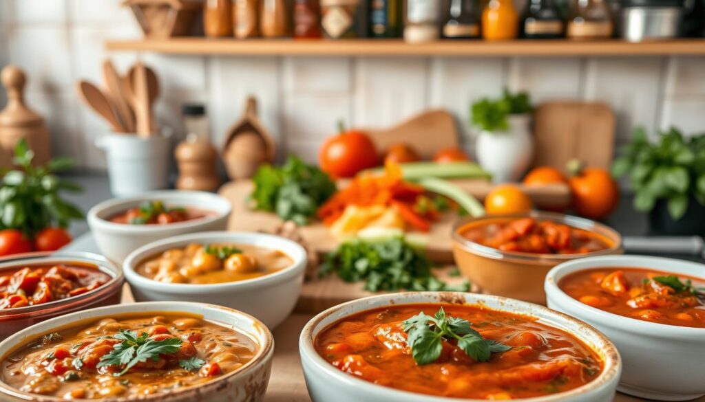 A vibrant and inviting kitchen scene featuring a variety of sauces that do not include cream. In the foreground, display bowls of rich, colorful sauces made from tomatoes, herbs, and spices, beautifully garnished with fresh herbs. In the middle, a wooden cutting board with chopped vegetables and herbs, highlighting natural, fresh ingredients. The background features soft, warm lighting that creates a cozy ambiance, with shelves decorated with jars of spices and cooking utensils. The composition is shot at a slightly elevated angle, giving a clear view of the alluring sauces while inviting the viewer into the culinary setting. The overall mood is warm and inviting, emphasizing healthy cooking options. A vibrant and inviting kitchen scene featuring a variety of sauces that do not include cream. In the foreground, display bowls of rich, colorful sauces made from tomatoes, herbs, and spices, beautifully garnished with fresh herbs. In the middle, a wooden cutting board with chopped vegetables and herbs, highlighting natural, fresh ingredients. The background features soft, warm lighting that creates a cozy ambiance, with shelves decorated with jars of spices and cooking utensils. The composition is shot at a slightly elevated angle, giving a clear view of the alluring sauces while inviting the viewer into the culinary setting. The overall mood is warm and inviting, emphasizing healthy cooking options.