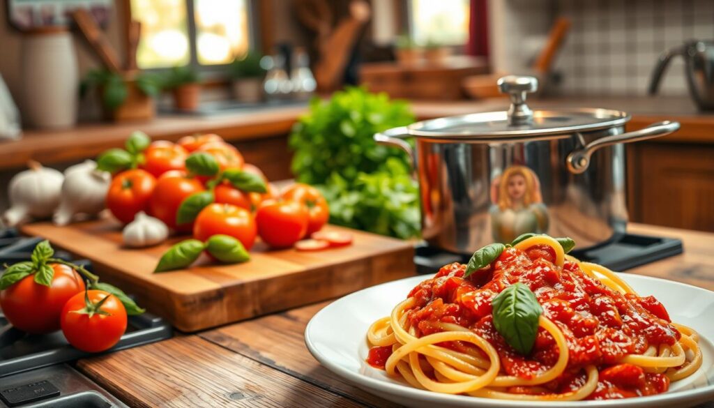 A vibrant and inviting kitchen scene showcasing a freshly made tomato sauce for pasta. In the foreground, a stainless steel pot simmers on the stove, filled with rich, thick tomato sauce dotted with fresh basil leaves. Nearby, colorful ingredients like ripe tomatoes, garlic cloves, and chopped onions are artfully arranged on a wooden cutting board. The middle ground features a wooden table set with a serving of freshly cooked pasta, elegantly twirled on a plate, drizzled with the homemade tomato sauce. In the background, soft, warm light filters through a window, illuminating a cozy, rustic kitchen setting. The mood is warm and inviting, suggesting comfort and delicious home cooking. Shot from a slightly high angle to capture the full spread. A vibrant and inviting kitchen scene showcasing a freshly made tomato sauce for pasta. In the foreground, a stainless steel pot simmers on the stove, filled with rich, thick tomato sauce dotted with fresh basil leaves. Nearby, colorful ingredients like ripe tomatoes, garlic cloves, and chopped onions are artfully arranged on a wooden cutting board. The middle ground features a wooden table set with a serving of freshly cooked pasta, elegantly twirled on a plate, drizzled with the homemade tomato sauce. In the background, soft, warm light filters through a window, illuminating a cozy, rustic kitchen setting. The mood is warm and inviting, suggesting comfort and delicious home cooking. Shot from a slightly high angle to capture the full spread.