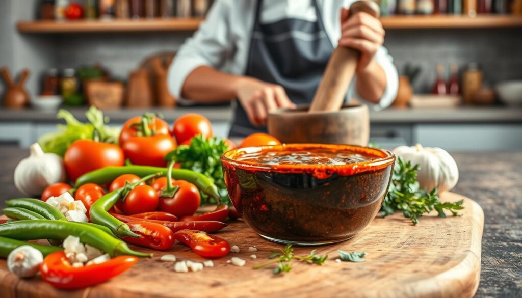 A vibrant and inviting kitchen scene showcasing an array of ingredients for making spicy kebab sauce. In the foreground, a wooden cutting board is adorned with fresh, colorful elements: ripe red tomatoes, fiery green chili peppers of various sizes, minced garlic, and fragrant herbs. A small bowl filled with a dark, glossy spicy sauce sits prominently, glistening under warm, natural lighting. In the middle ground, a chef in a modest casual outfit is skillfully blending the sauce using a mortar and pestle, capturing the intensity of the cooking process. The background features shelves lined with spices and condiments, adding to the authentic culinary atmosphere. The overall mood is lively and dynamic, reflecting a passion for food preparation and bold flavors, with soft focus on the background for emphasis on the foreground action.