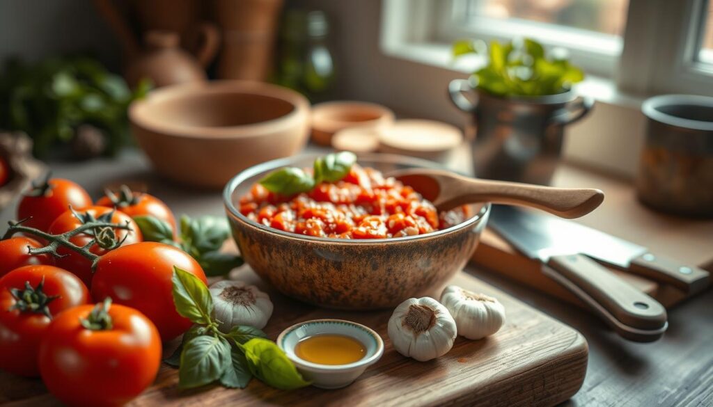 A vibrant and inviting kitchen scene showcasing the process of making authentic Italian pizza sauce. In the foreground, a wooden cutting board with fresh San Marzano tomatoes, basil leaves, garlic cloves, and a small dish of olive oil. In the middle, a rustic bowl filled with crushed tomatoes, with a wooden spoon resting beside it, highlighting the "no-cook" aspect of the recipe. The background features soft-focus kitchen elements, like an herb pot and a chef’s knife. Soft, warm lighting creates a cozy atmosphere, mimicking late afternoon sun filtering through a window. The angle is slightly overhead to capture the essence of preparing the sauce, emphasizing the freshness and quality of the ingredients, inviting viewers to explore the recipe.