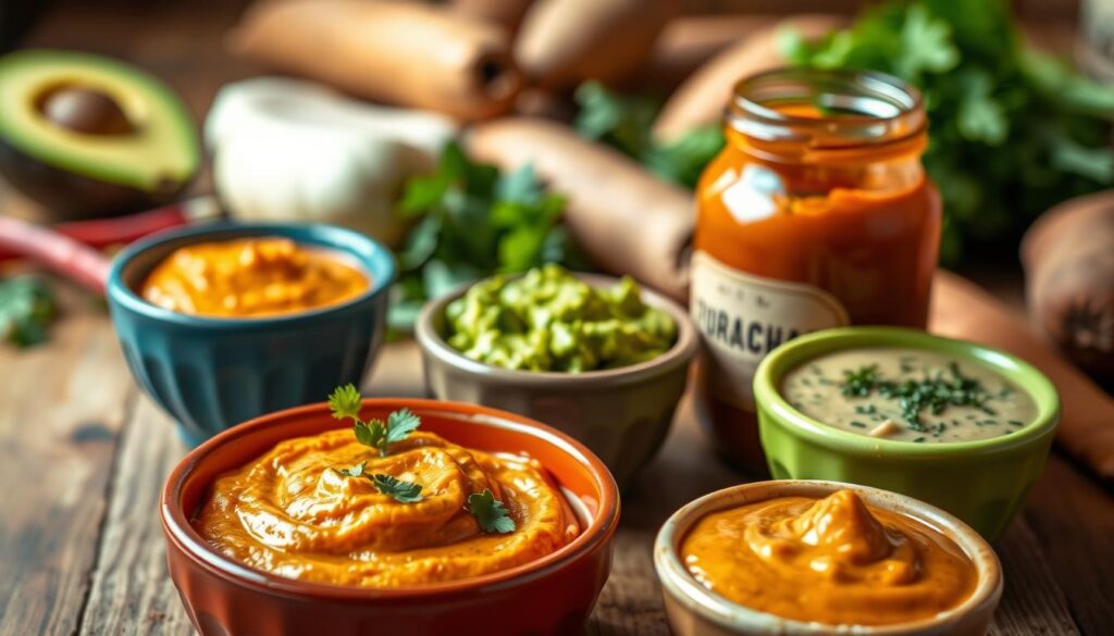 A vibrant, appetizing display of alternative sauces for fries, featuring colorful small bowls filled with various sauces made from sweet potatoes, herbs, and spices. In the foreground, showcase a creamy sweet potato dip garnished with fresh herbs. In the middle, position a bowl of guacamole, bright green and textured, alongside a spicy sriracha-infused sauce in a rustic, earthenware jar. The background should include a wooden table adorned with fresh ingredients such as avocados, herbs, and sweet potatoes, softly lit by warm overhead lighting to create an inviting atmosphere. Capture the scene from a slightly elevated angle to emphasize the variety and richness of colors, evoking a sense of culinary delight and creativity.