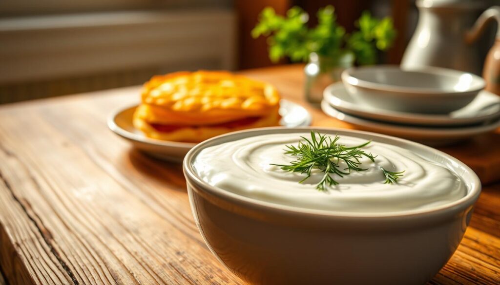 A vibrant, appetizing scene depicting a bowl of creamy sour cream dill sauce, specifically designed for serving with crispy potato pancakes. In the foreground, the sauce features a smooth, thick texture, garnished with fresh dill springs and finely chopped chives, reflecting a fresh and flavorful addition. The middle ground showcases golden-brown potato pancakes, lightly stacked and slightly crispy around the edges, glistening under warm kitchen lighting. In the background, a rustic wooden table with a set of simple, elegant dishes and a small vase of fresh herbs creates a cozy atmosphere. The image captures a warm, inviting mood, enhanced by soft, diffused lighting, casting gentle shadows that highlight the textures of the food. Use a close-up angle to emphasize the delicious details of the sauce and pancakes, inviting the viewer to indulge.