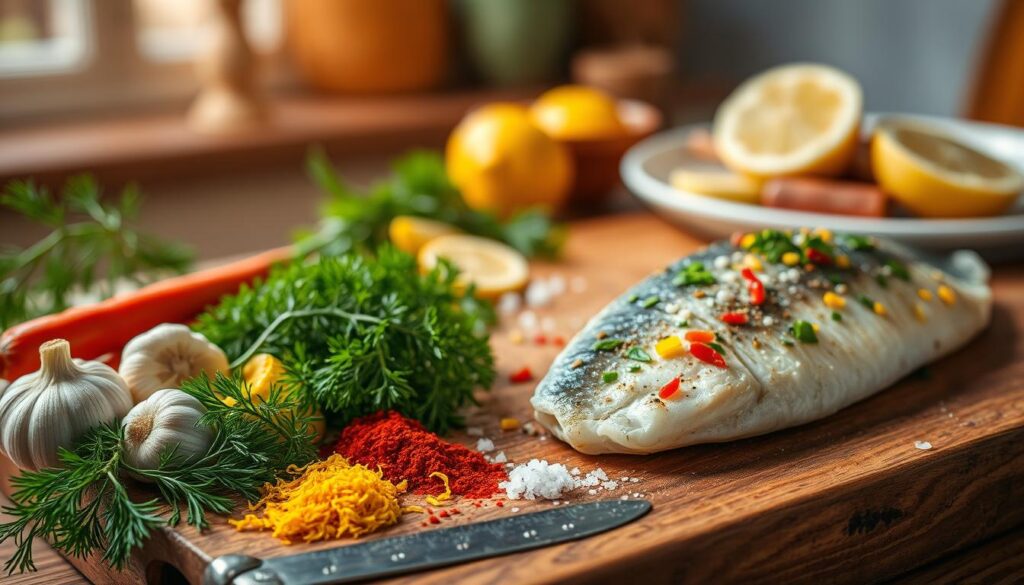 A vibrant arrangement of fish spices and herbs, including bright green dill, deep red paprika, aromatic lemon zest, and a sprinkle of sea salt, artfully displayed on a rustic wooden cutting board. In the foreground, fresh ingredients like garlic cloves and sliced lemons are placed beside the spices, creating a colorful contrast. The middle ground features a beautifully presented plate of steamed fish garnished with the spices, showcasing its juicy texture. The background includes a softly blurred kitchen setting filled with warm, natural light, evoking a cozy cooking atmosphere. The composition highlights a sense of freshness and culinary delight, perfect for enhancing a section about flavors and seasonings for fish dishes.