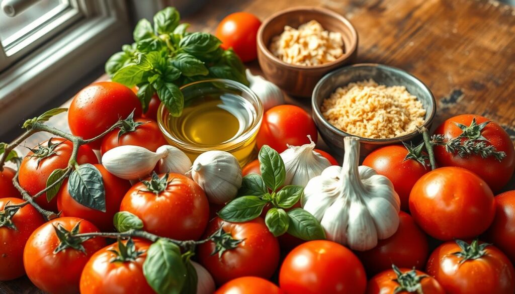 A vibrant arrangement of fresh ingredients for tomato sauce to accompany gołąbki. In the foreground, showcase ripe, juicy tomatoes in various sizes, their skins glistening with droplets of water. Nestled among them are fragrant garlic cloves, a bunch of fresh basil, and a sprinkle of dried oregano. In the middle, include a small bowl filled with crystal clear olive oil and another bowl with golden sugar, emphasizing the sweetness of the sauce. The background features a rustic wooden kitchen table, adding warmth to the scene, softly lit by natural sunlight filtering through a nearby window. The mood is inviting and homely, perfect for a culinary atmosphere, with the focus on the textures and colors of the ingredients. A vibrant arrangement of fresh ingredients for tomato sauce to accompany gołąbki. In the foreground, showcase ripe, juicy tomatoes in various sizes, their skins glistening with droplets of water. Nestled among them are fragrant garlic cloves, a bunch of fresh basil, and a sprinkle of dried oregano. In the middle, include a small bowl filled with crystal clear olive oil and another bowl with golden sugar, emphasizing the sweetness of the sauce. The background features a rustic wooden kitchen table, adding warmth to the scene, softly lit by natural sunlight filtering through a nearby window. The mood is inviting and homely, perfect for a culinary atmosphere, with the focus on the textures and colors of the ingredients.