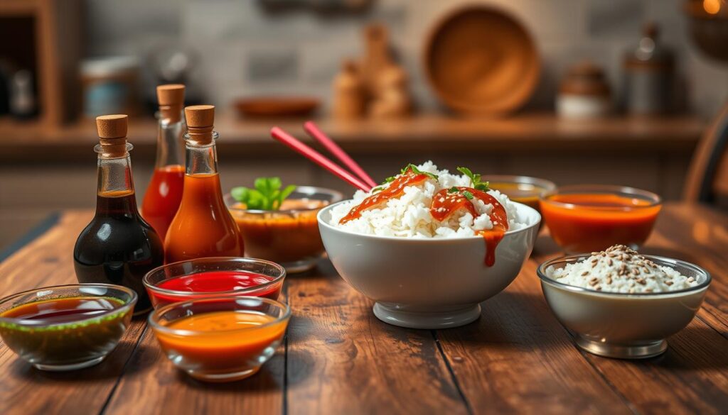 A vibrant array of oriental sauces for rice, beautifully arranged in elegant, small bowls on a rustic wooden table. The foreground features rich, colorful sauces such as tangy soy sauce, spicy chili garlic sauce, creamy coconut curry, and sweet teriyaki, each with its own unique texture and gleam. In the middle ground, a bowl of fluffy white rice is artistically placed, garnished with fresh herbs and sesame seeds, invitingly surrounded by chopsticks. The background hints at an Asian-inspired kitchen with soft, warm lighting illuminating the scene, creating a cozy and inviting atmosphere. The image captures the essence of a culinary adventure, emphasizing the rich flavors and diversity of oriental sauces. A vibrant array of oriental sauces for rice, beautifully arranged in elegant, small bowls on a rustic wooden table. The foreground features rich, colorful sauces such as tangy soy sauce, spicy chili garlic sauce, creamy coconut curry, and sweet teriyaki, each with its own unique texture and gleam. In the middle ground, a bowl of fluffy white rice is artistically placed, garnished with fresh herbs and sesame seeds, invitingly surrounded by chopsticks. The background hints at an Asian-inspired kitchen with soft, warm lighting illuminating the scene, creating a cozy and inviting atmosphere. The image captures the essence of a culinary adventure, emphasizing the rich flavors and diversity of oriental sauces.