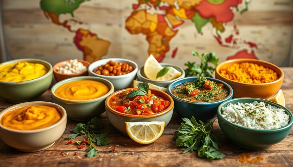 A vibrant assortment of rice sauces inspired by global cuisines, arranged artistically on a rustic wooden table. In the foreground, colorful bowls filled with creamy curry sauce, zesty garlic sauce, spicy salsa, and herb-infused pesto. In the middle ground, a variety of garnishes such as chopped herbs, chili flakes, and lemon wedges, adding freshness and flair. The background features a blurred out world map, emphasizing the international theme. Soft, natural lighting enhances the textures and colors of the sauces, creating an inviting mood. The scene is captured from a slightly elevated angle, allowing a clear view of the sauces and garnishes while keeping the table setting visually appealing. A warm, cozy atmosphere invites readers to explore diverse culinary experiences. A vibrant assortment of rice sauces inspired by global cuisines, arranged artistically on a rustic wooden table. In the foreground, colorful bowls filled with creamy curry sauce, zesty garlic sauce, spicy salsa, and herb-infused pesto. In the middle ground, a variety of garnishes such as chopped herbs, chili flakes, and lemon wedges, adding freshness and flair. The background features a blurred out world map, emphasizing the international theme. Soft, natural lighting enhances the textures and colors of the sauces, creating an inviting mood. The scene is captured from a slightly elevated angle, allowing a clear view of the sauces and garnishes while keeping the table setting visually appealing. A warm, cozy atmosphere invites readers to explore diverse culinary experiences.