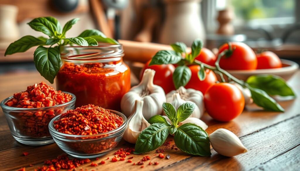 A vibrant, close-up composition of various spices arranged artistically on a wooden table, showcasing the essential ingredients for tomato sauce. In the foreground, a small bowl of crushed red pepper flakes and a jar of dried oregano sit next to a fresh bunch of basil, glittering with dew. The middle ground features whole cloves of garlic and a few ripe cherry tomatoes, glistening under soft natural light. In the background, a rustic, blurred kitchen setting hints at cooking utensils and an inviting ambiance. The overall mood is warm and earthy, invoking the rich flavors of Italian cuisine, with a slight emphasis on the textures and colors of the ingredients. The lighting is soft, creating gentle shadows and highlights to enhance the natural beauty of the spices.