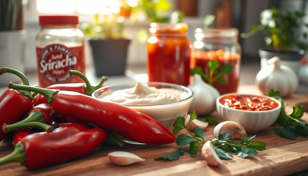 A vibrant, close-up image of fresh ingredients for a spicy dip. In the foreground, there are glossy red jalapeños, a small bowl of creamy sriracha mayo, and a jar of deep red harissa. Scatter some garlic cloves and a few sprigs of cilantro around the ingredients for added color. In the middle ground, a rustic wooden cutting board adds texture, while a faintly blurred backdrop features a sunlit kitchen with herbs growing in pots. The lighting is warm and inviting, cast from a nearby window, enhancing the glossy textures and bold colors of the ingredients. The overall mood is lively and appetizing, evoking a sense of culinary creativity.