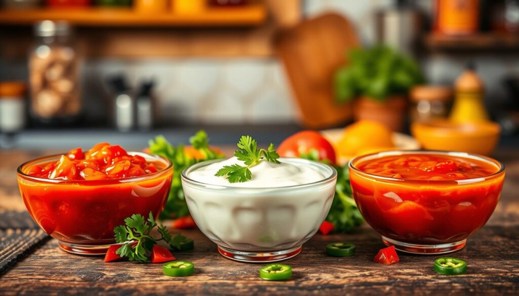 A vibrant, close-up image of three distinct sauces typically used for burritos: a rich red salsa, a creamy white crema, and a fiery hot sauce, artistically arranged on a rustic wooden table. In the foreground, showcase the sauces in small decorative bowls, each with a unique texture and color, glistening under soft, natural light. The middle ground features fresh ingredients like chopped tomatoes, cilantro, and sliced jalapeños beautifully scattered around the bowls, enhancing the visual appeal. In the background, hints of a warm, inviting kitchen environment can be seen, with blurred shelves holding colorful spices and herbs, creating a cheerful and appetizing atmosphere. The overall mood should be lively and engaging, inviting the viewer to explore the flavors of Mexican cuisine.