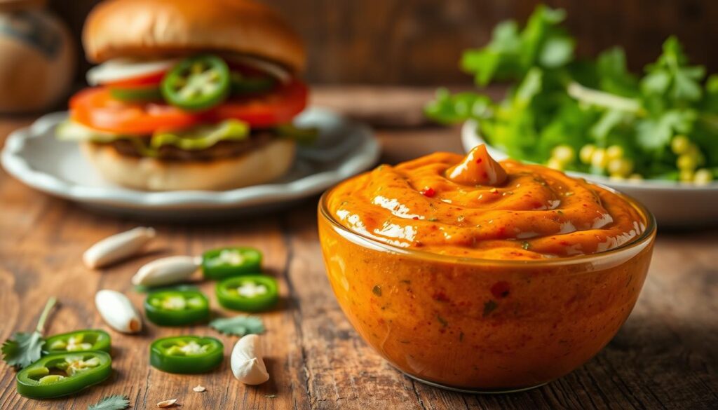 A vibrant, close-up view of a bowl filled with spicy burger sauce, showcasing its rich, creamy texture and specks of herbs and spices. The sauce should appear thick and glossy, with red and orange hues indicating its spiciness. In the foreground, a rustic wooden table garnished with fresh ingredients like sliced jalapeños, cilantro, and garlic cloves to highlight the flavor profile. In the background, softly blurred, a classic burger on a plate with toppings like lettuce and tomatoes, creating an inviting atmosphere. The lighting is warm and natural, with soft shadows that enhance the texture of the sauce. The image conveys a mouth-watering appeal, perfect for showcasing a delicious spicy burger condiment.
