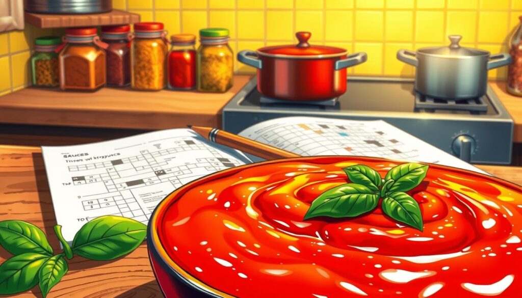 A vibrant, detailed illustration showcasing "sosy w krzyżówkach" with a focus on red tomato sauce. In the foreground, a large bowl of rich, glossy tomato sauce sits atop a wooden table, garnished with fresh basil leaves. The middle ground features a partially completed crossword puzzle, with a pencil resting atop it, showing hints related to sauces. In the background, a warm, inviting kitchen ambiance with soft yellow lighting highlights spice jars and a pot simmering on the stove, giving a cozy, home-cooked feel. The mood is creative and engaging, evoking the joy of solving culinary-themed puzzles. Ideal composition with a balanced perspective, captured in sharp focus to emphasize textures and colors.