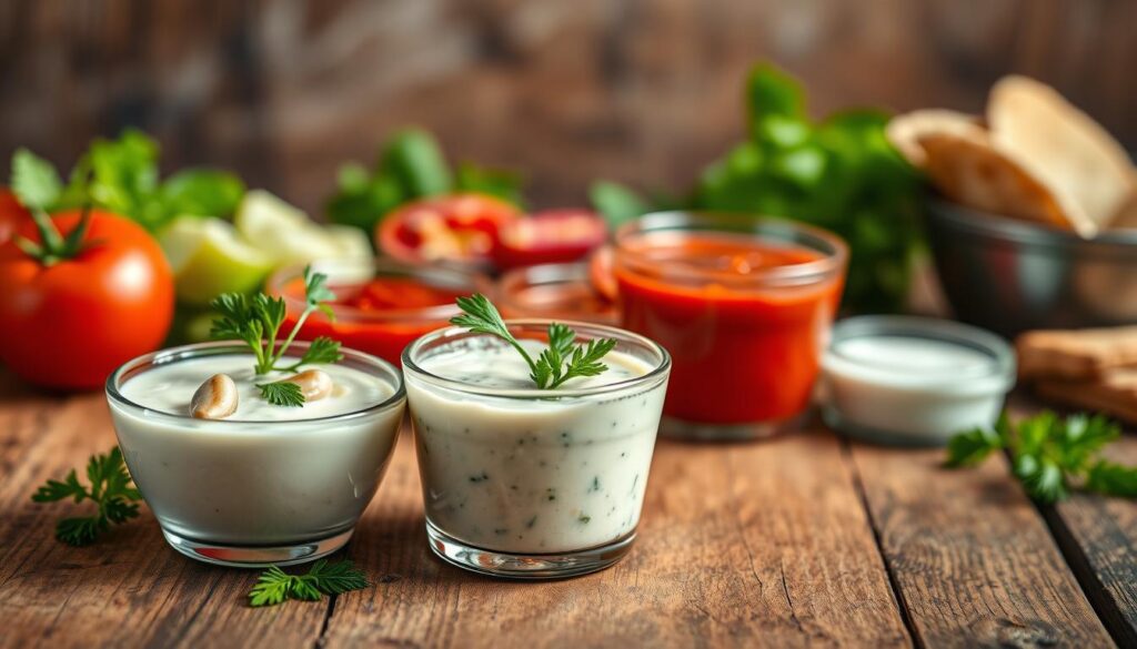 A vibrant display of various kebab sauces arranged artistically on a rustic wooden table. In the foreground, highlight two main sauces: a creamy garlic sauce in a small bowl, adorned with fresh garlic cloves and sprigs of parsley, and a tangy herb sauce in a glass container, garnished with fresh dill and mint. In the middle ground, include smaller bowls of spicy chili sauce and a classic yogurt sauce, creating a colorful array. The background features blurred-out fresh ingredients like tomatoes, lettuce, and pita bread, evoking a sense of freshness and culinary delight. Soft, warm lighting enhances the inviting atmosphere, mimicking a cozy street food setting, while a shallow depth of field focuses on the sauces, creating a mouthwatering visual appeal.