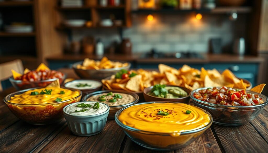 A vibrant display of various nacho dips arranged artistically on a rustic wooden table. In the foreground, there's a creamy cheese dip with a golden hue, sprinkled with jalapeños, alongside a rich guacamole in a bowl, garnished with cilantro. To the side, a smoky salsa with chunks of tomato and onion adds a fresh contrast. In the middle ground, trays of crispy nachos are interspersed, showcasing their triangular shapes. The background features a softly faded kitchen setting with warm lighting, creating a cozy and inviting atmosphere. The camera angle is slightly elevated, emphasizing the textures and colors of the dips, while ensuring the scene feels appetizing and festive, perfect for a gathering.