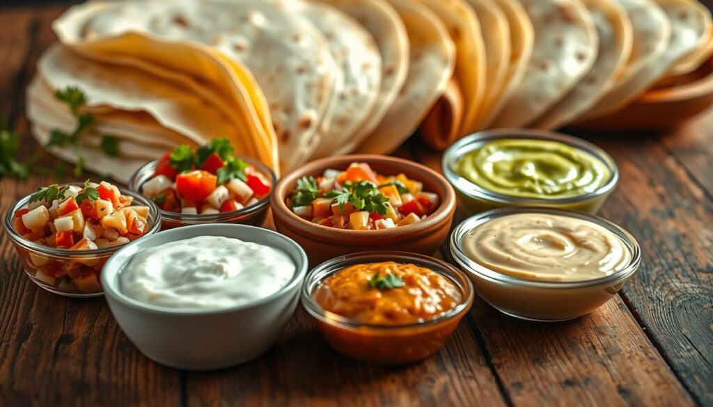 A vibrant display of various sauces for tortillas, artistically arranged on a rustic wooden table. In the foreground, a rich, creamy garlic sauce in a small white bowl, flanked by a refreshing yogurt sauce garnished with herbs. Next, a colorful salsa with diced tomatoes, onions, and cilantro, creating a burst of color. In the middle, a warm cheese sauce bubbling in a clay dish, and a smooth avocado sauce that adds a splash of green. In the background, tortilla wraps are fanned out, suggesting the preparation of a meal. Soft, natural lighting creates a warm atmosphere, enhancing the textures and colors of the sauces, evoking a cozy and inviting kitchen setting. Use a shallow depth of field to focus on the sauces, with a slight blur effect on the tortillas. A vibrant display of various sauces for tortillas, artistically arranged on a rustic wooden table. In the foreground, a rich, creamy garlic sauce in a small white bowl, flanked by a refreshing yogurt sauce garnished with herbs. Next, a colorful salsa with diced tomatoes, onions, and cilantro, creating a burst of color. In the middle, a warm cheese sauce bubbling in a clay dish, and a smooth avocado sauce that adds a splash of green. In the background, tortilla wraps are fanned out, suggesting the preparation of a meal. Soft, natural lighting creates a warm atmosphere, enhancing the textures and colors of the sauces, evoking a cozy and inviting kitchen setting. Use a shallow depth of field to focus on the sauces, with a slight blur effect on the tortillas.