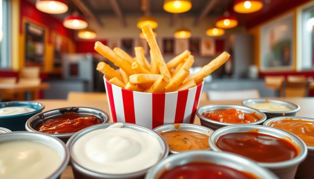 A vibrant fast food scene featuring a variety of popular dipping sauces for fries. In the foreground, a colorful assortment of sauces such as ketchup, mayo, barbecue, and garlic aioli is arranged in small bowls, each with a distinctive texture and color. The middle ground shows crispy golden fries served in a red and white striped container, artistically arranged to highlight their appeal. The background features a cheerful fast food restaurant setting, with soft natural lighting creating a warm and inviting atmosphere. The image is captured from a slightly elevated angle to emphasize the sauces and fries, evoking a sense of indulgence and comfort food delight.