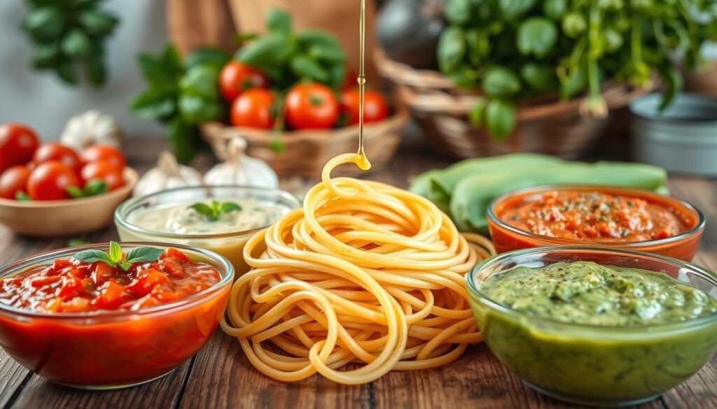 A vibrant, healthy pasta sauce spread arranged on a rustic wooden table. In the foreground, three bowls of various colorful sauces: a rich tomato basil sauce, a creamy avocado dip, and a light green pesto made from fresh spinach. The sauces are garnished with herbs and spices. In the middle, freshly cooked whole grain pasta twirls elegantly, with a drizzle of olive oil catching the light. The background features a soft-focus kitchen setting with fresh ingredients like cherry tomatoes, garlic, and basil in a basket, and herbs hanging in the air. The warm, natural lighting creates an inviting and wholesome atmosphere, perfect for showcasing nutritious meals. A vibrant, healthy pasta sauce spread arranged on a rustic wooden table. In the foreground, three bowls of various colorful sauces: a rich tomato basil sauce, a creamy avocado dip, and a light green pesto made from fresh spinach. The sauces are garnished with herbs and spices. In the middle, freshly cooked whole grain pasta twirls elegantly, with a drizzle of olive oil catching the light. The background features a soft-focus kitchen setting with fresh ingredients like cherry tomatoes, garlic, and basil in a basket, and herbs hanging in the air. The warm, natural lighting creates an inviting and wholesome atmosphere, perfect for showcasing nutritious meals.