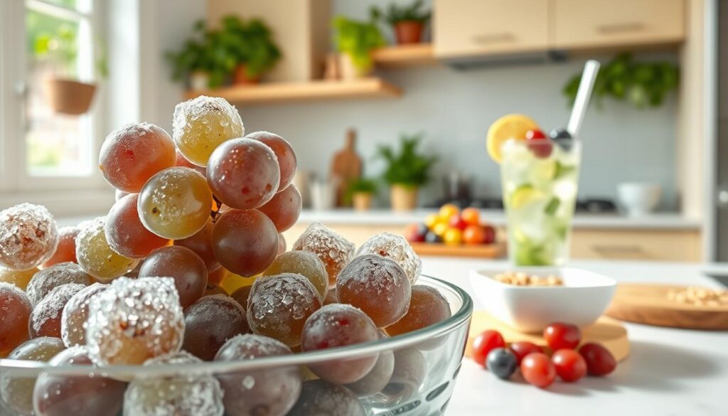 A vibrant, inviting kitchen scene showcasing various creative uses of frozen grapes as a refreshing and healthy snack. In the foreground, a close-up of a clear bowl filled with sparkling, icy grapes, glistening under natural sunlight. Beside it, a colorful fruit salad and a refreshing drink garnished with frozen grapes. In the middle ground, a countertop with a cutting board and small bowls of yogurt and granola, highlighting their versatility. The background features a bright, cheerful kitchen with potted herbs and light-colored cabinetry, giving a warm, homely feel. Soft, diffused lighting illuminates the scene, creating an uplifting, fresh atmosphere perfect for summer treats. The angle captures depth, drawing the viewer into the delightful world of frozen grapes.