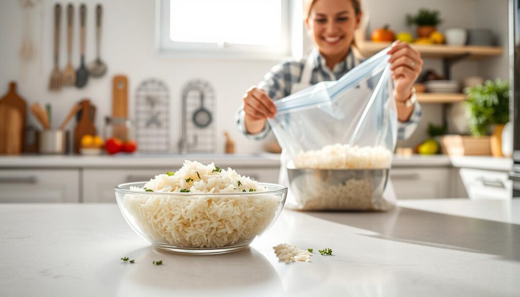 A vibrant kitchen scene featuring a cook preparing cooked rice for freezing. In the foreground, a clean countertop displays a bowl of fluffy, cooled rice, scattered with herbs for garnish. A freezer bag is laid open next to the bowl, ready for portioning the rice. In the middle ground, the cook, dressed in a neat white apron and modest casual clothing, is smiling as they scoop rice into the bag, demonstrating the portioning process. The background shows a spacious kitchen with bright, natural light streaming through a window, illuminating the cooking utensils and fresh ingredients on the shelves. The atmosphere feels warm and inviting, conveying a sense of home cooking and practicality. The image should be bright, well-composed, with a shallow depth of field to keep the focus on the rice and the cook’s hands.